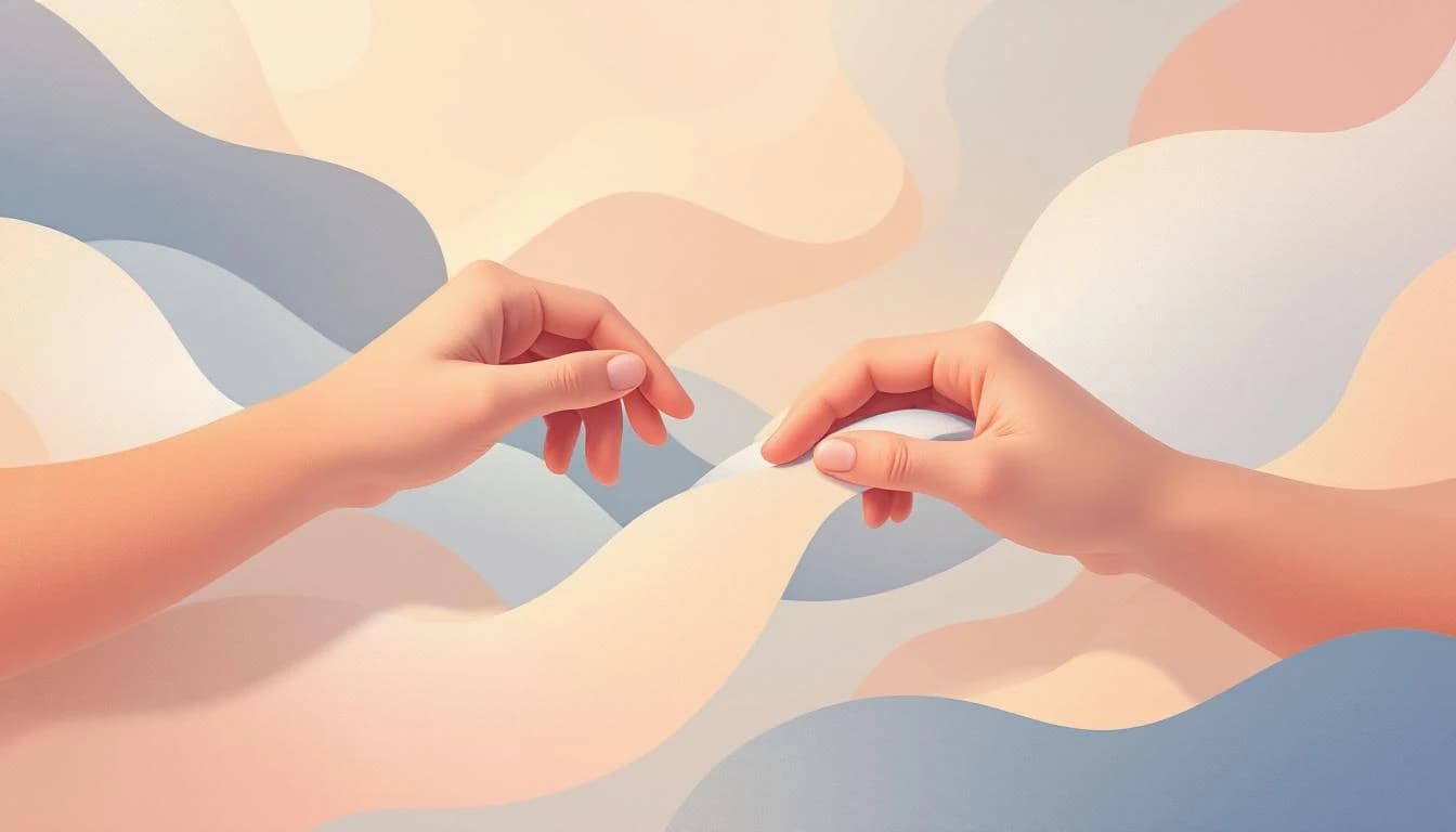 Warm editorial illustration of digital healthcare connectivity and telemedicine access with flowing lines in soft blue, gold, and coral tones