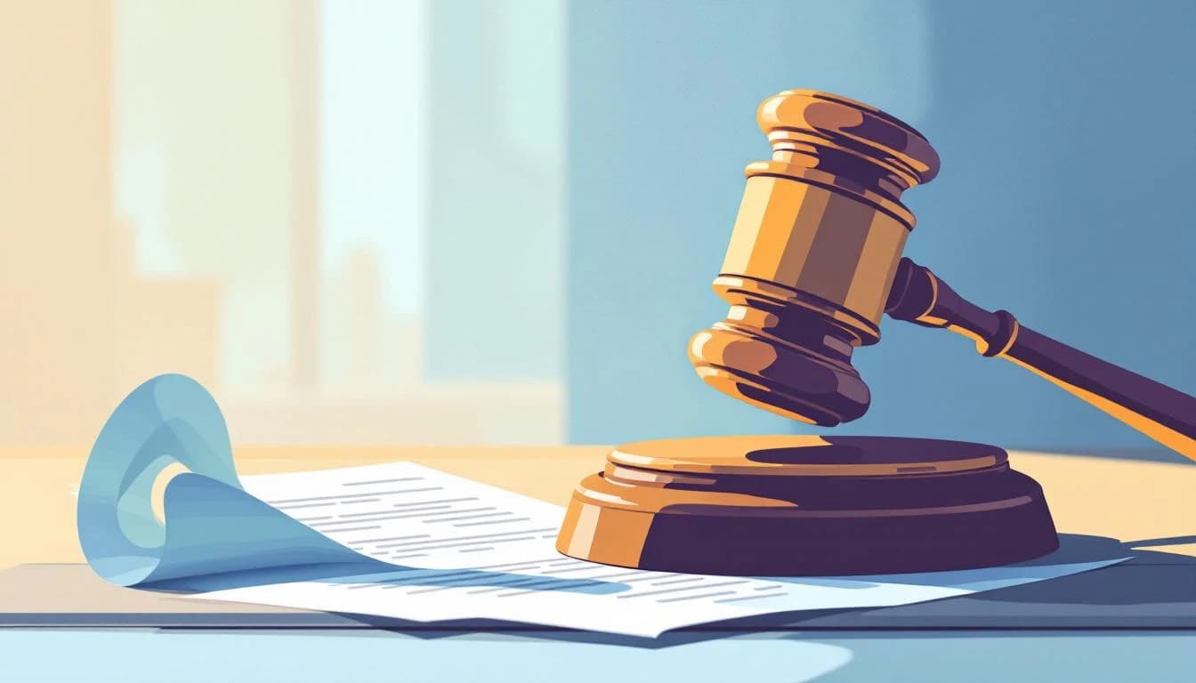 Semi-representational gavel and document silhouettes with flowing pathways suggesting legal protection and educational support systems