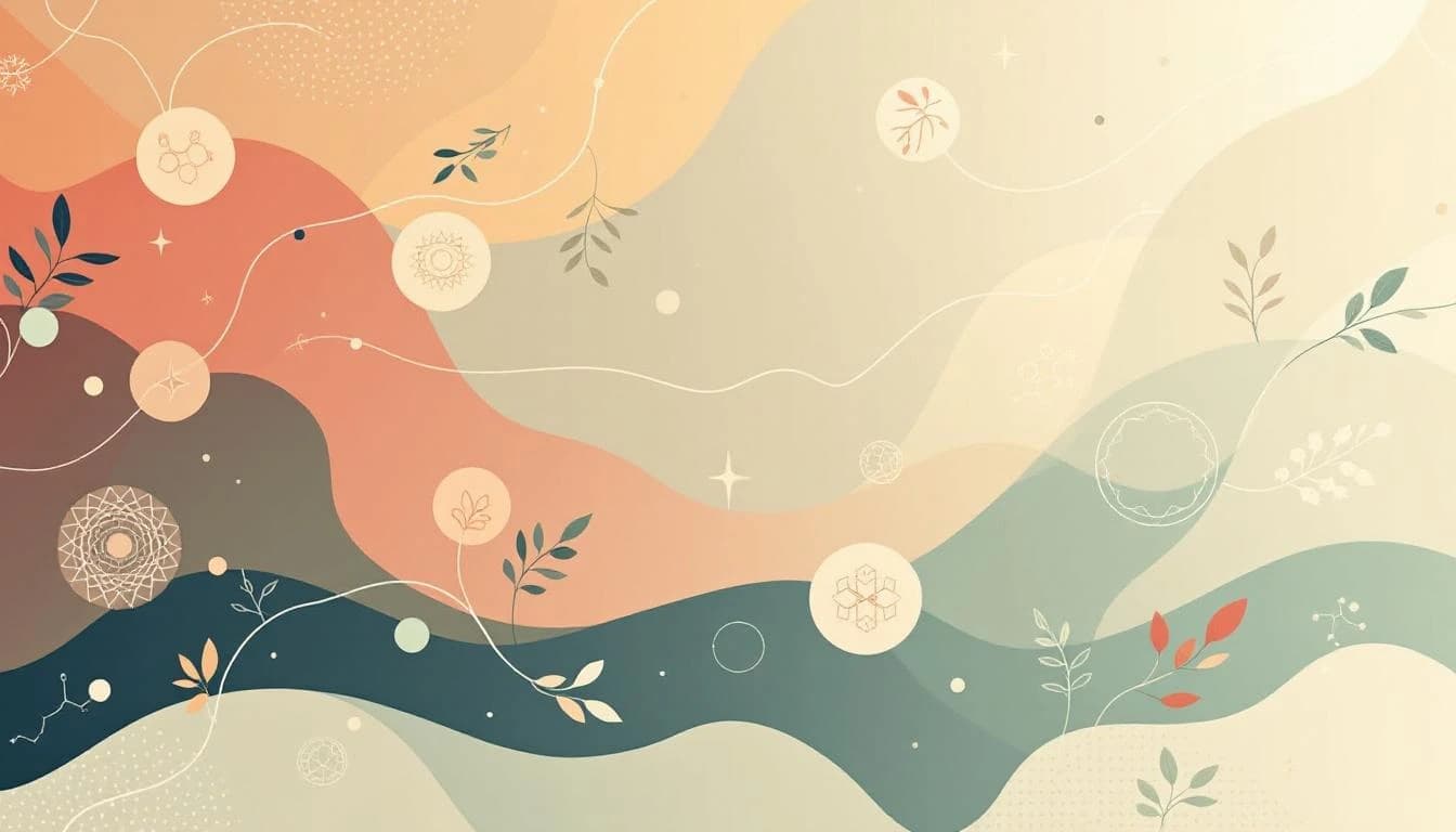 Warm editorial illustration showing botanical leaf patterns and molecule structures, representing natural healing pathways in psychedelic therapy