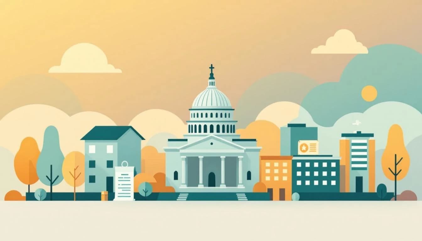 Government building silhouettes and funding symbols representing California's Proposition 1 mental health and addiction treatment infrastructure investment