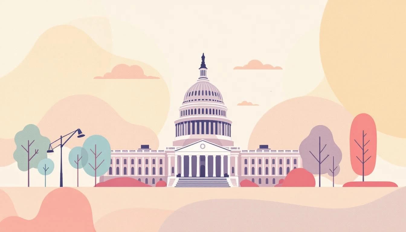 Legislative and mental health support symbols in warm editorial illustration