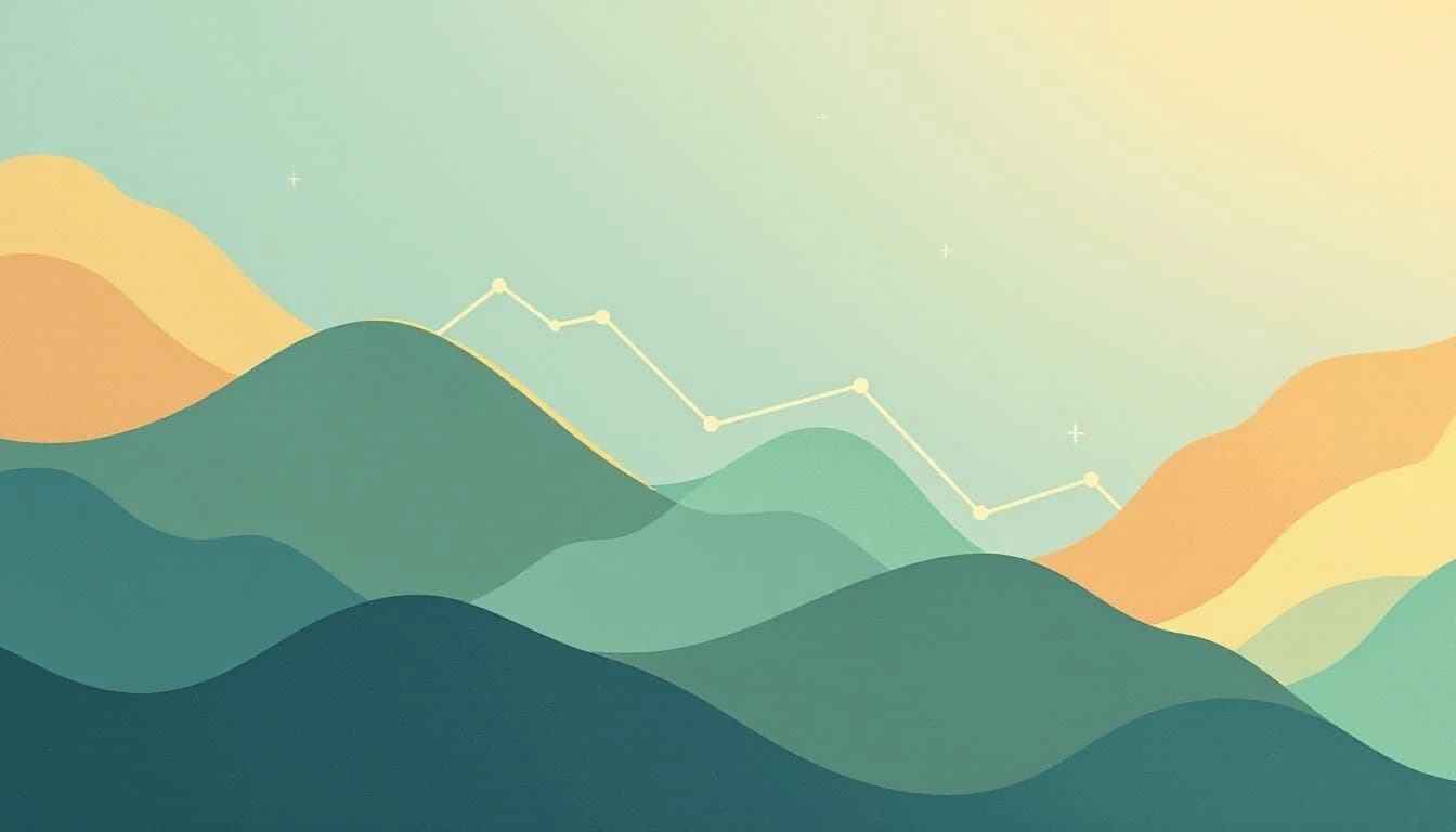 Editorial illustration showing downward trending data charts in warm amber, sage green, and soft blue tones representing the historic decline in US overdose deaths