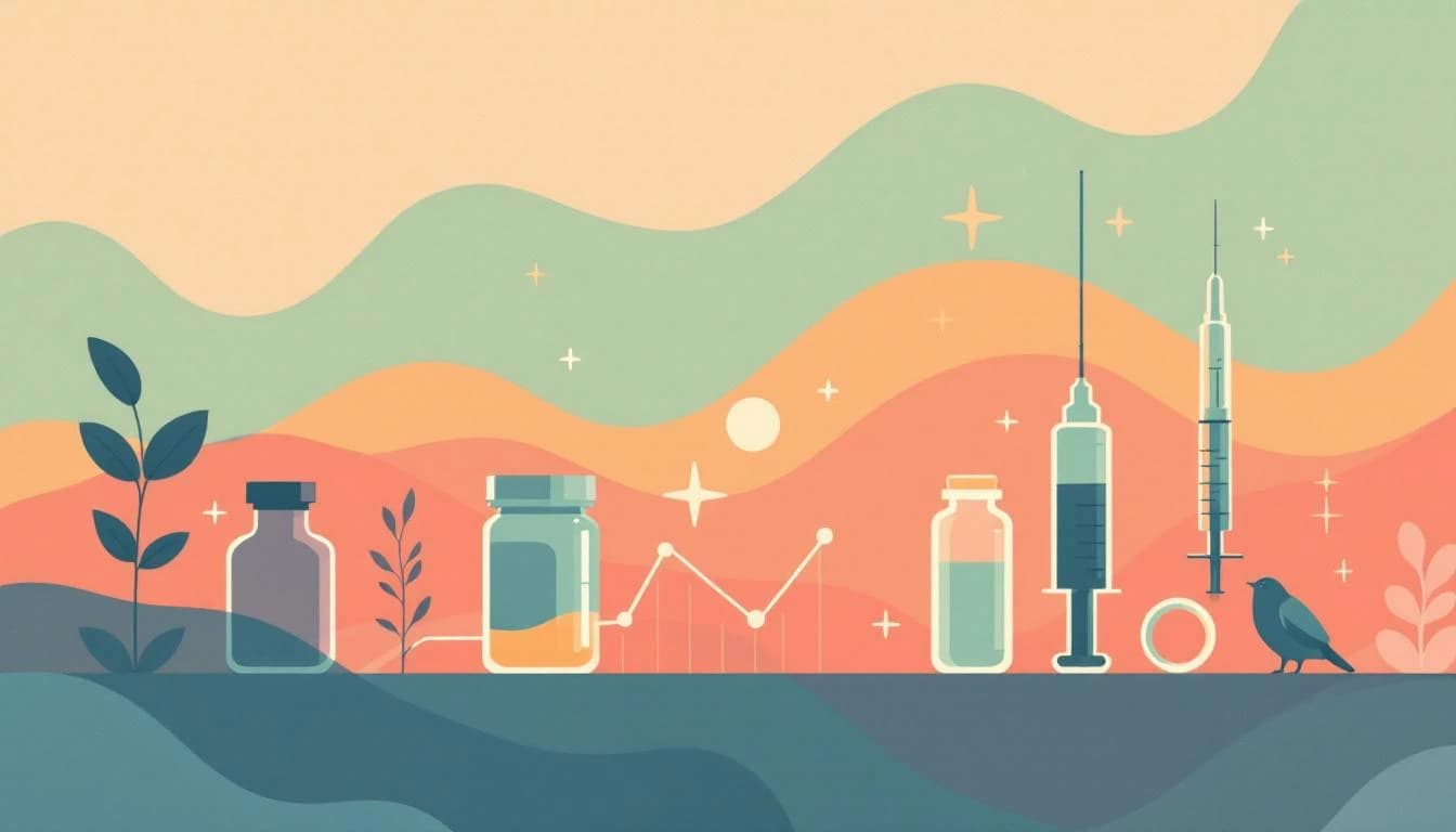 Medical research illustration showing medication bottles, data charts, and scientific symbols in warm amber and sage tones