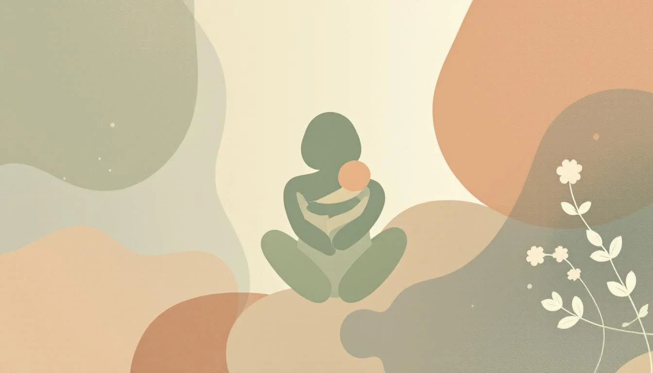 Warm illustration depicting supportive community care symbols in soft amber, coral, and sage green tones