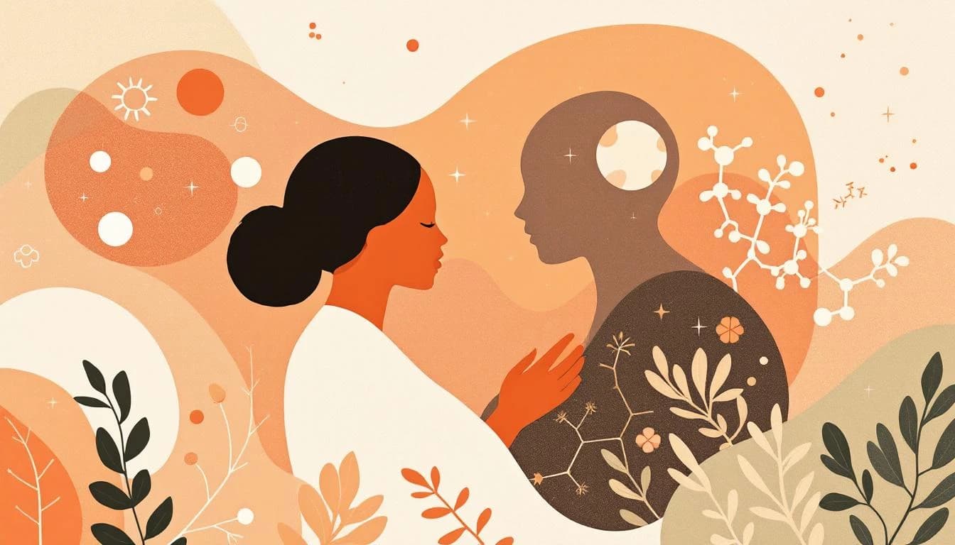Warm editorial illustration of maternal care and scientific research symbols in amber and sage tones