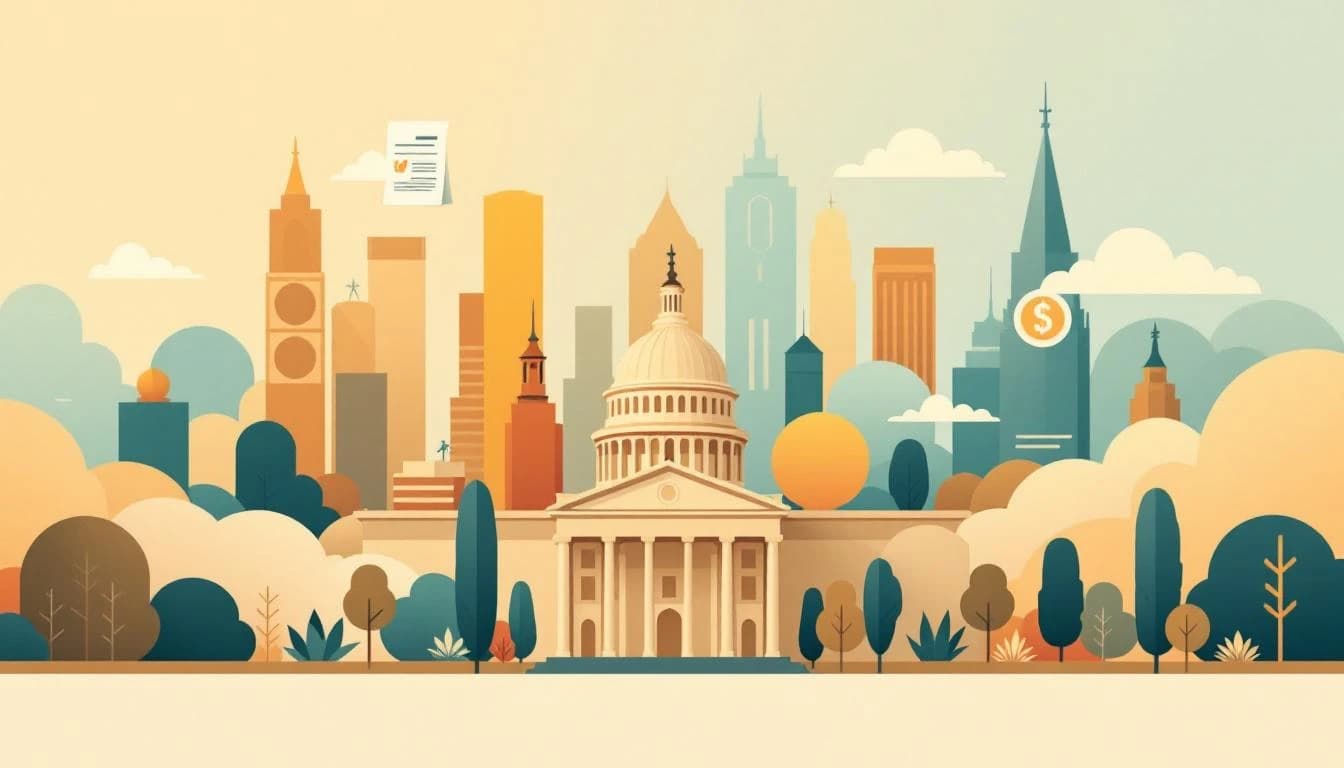 Government building silhouettes and funding document symbols representing settlement fund allocation decisions