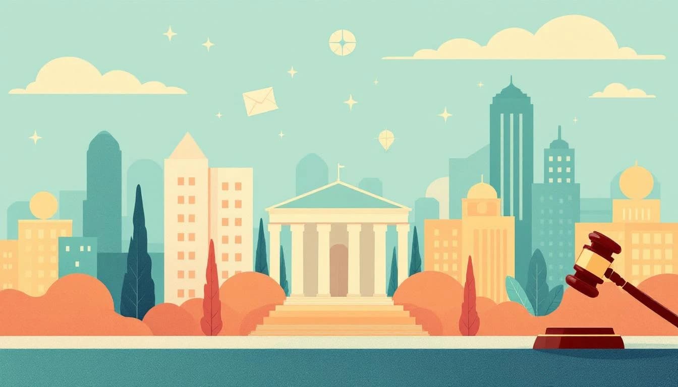 Legal document symbols and government building silhouettes representing civil rights litigation