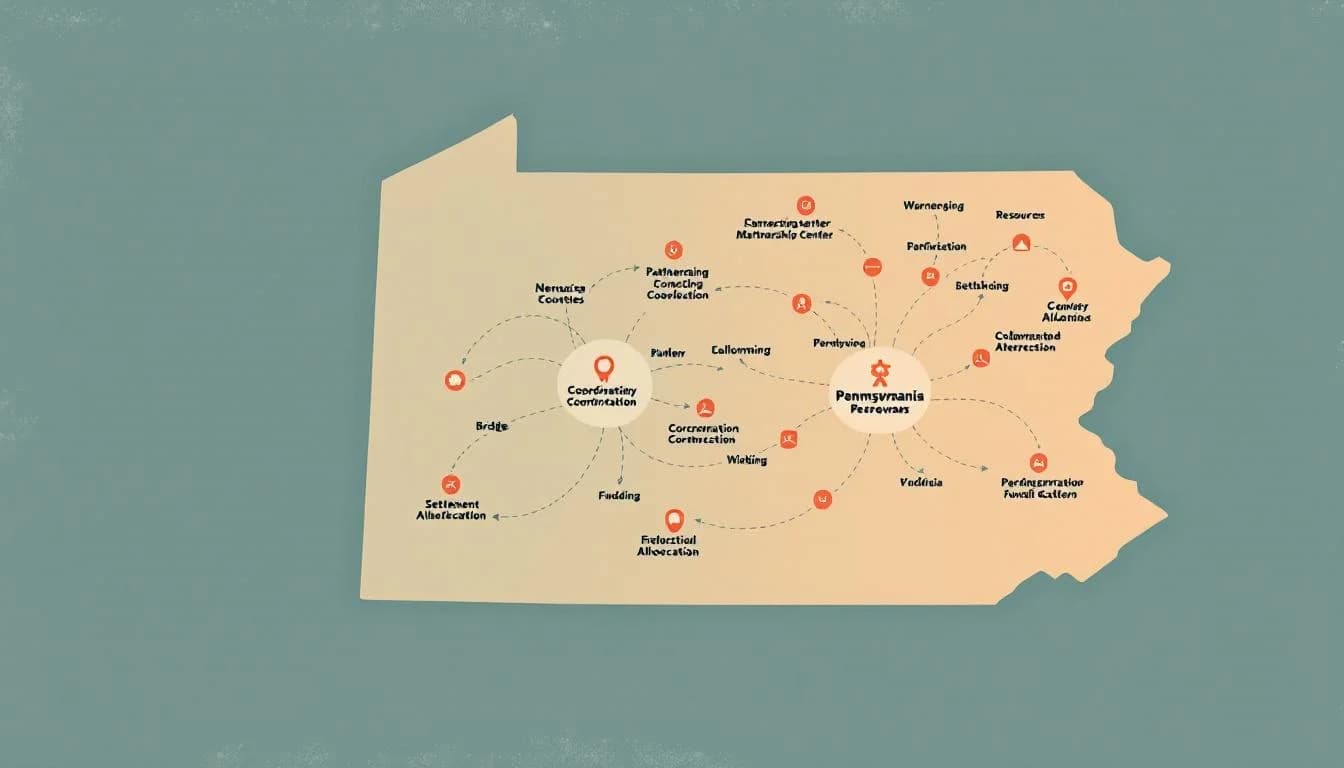 Pennsylvania state map with funding network connecting multiple counties, coordination center with partnership symbols, resource distribution patterns