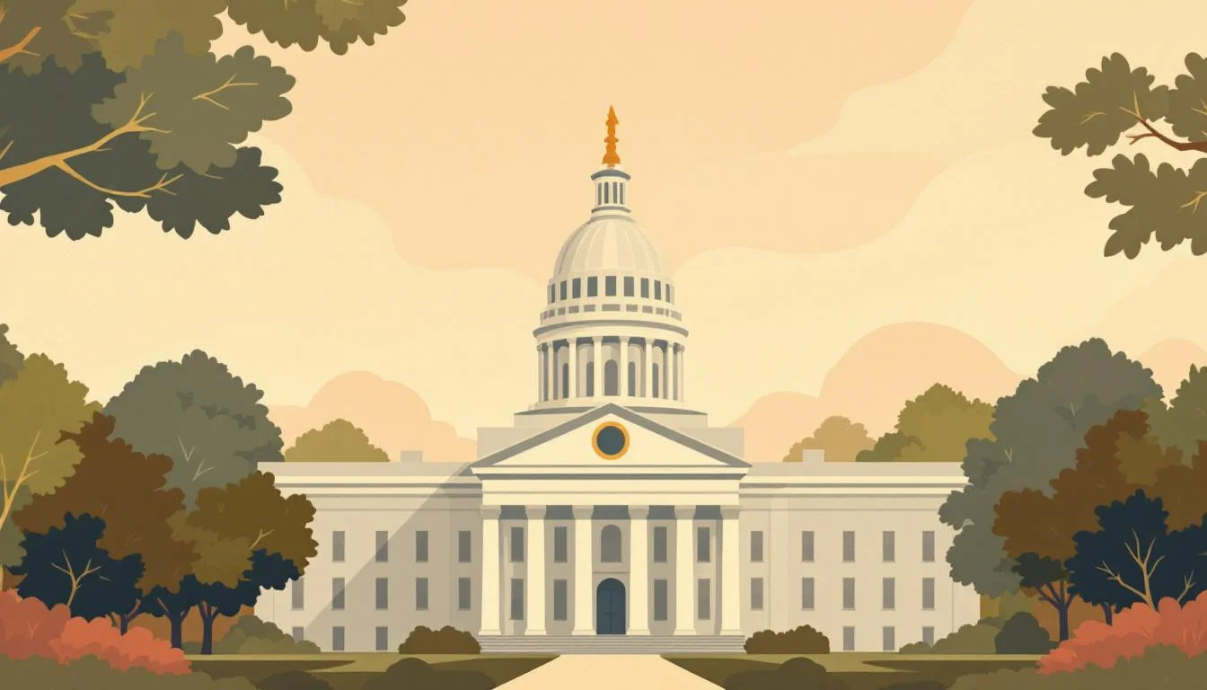 Mississippi state capitol building with legislative documents and opioid settlement oversight symbols