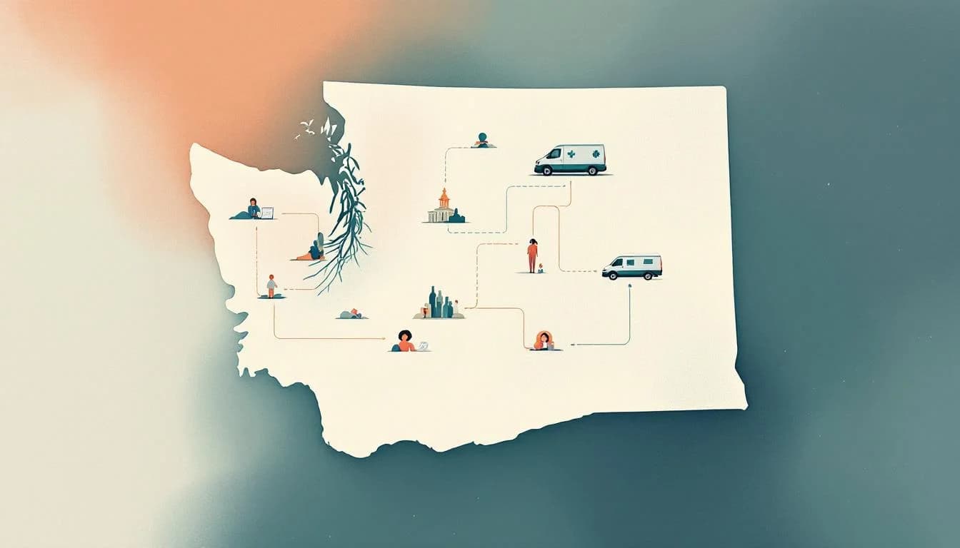 Washington state map with funding network connecting communities, mobile medical van symbols, medication treatment pathways, people accessing healthcare services, legislative documents with support symbols
