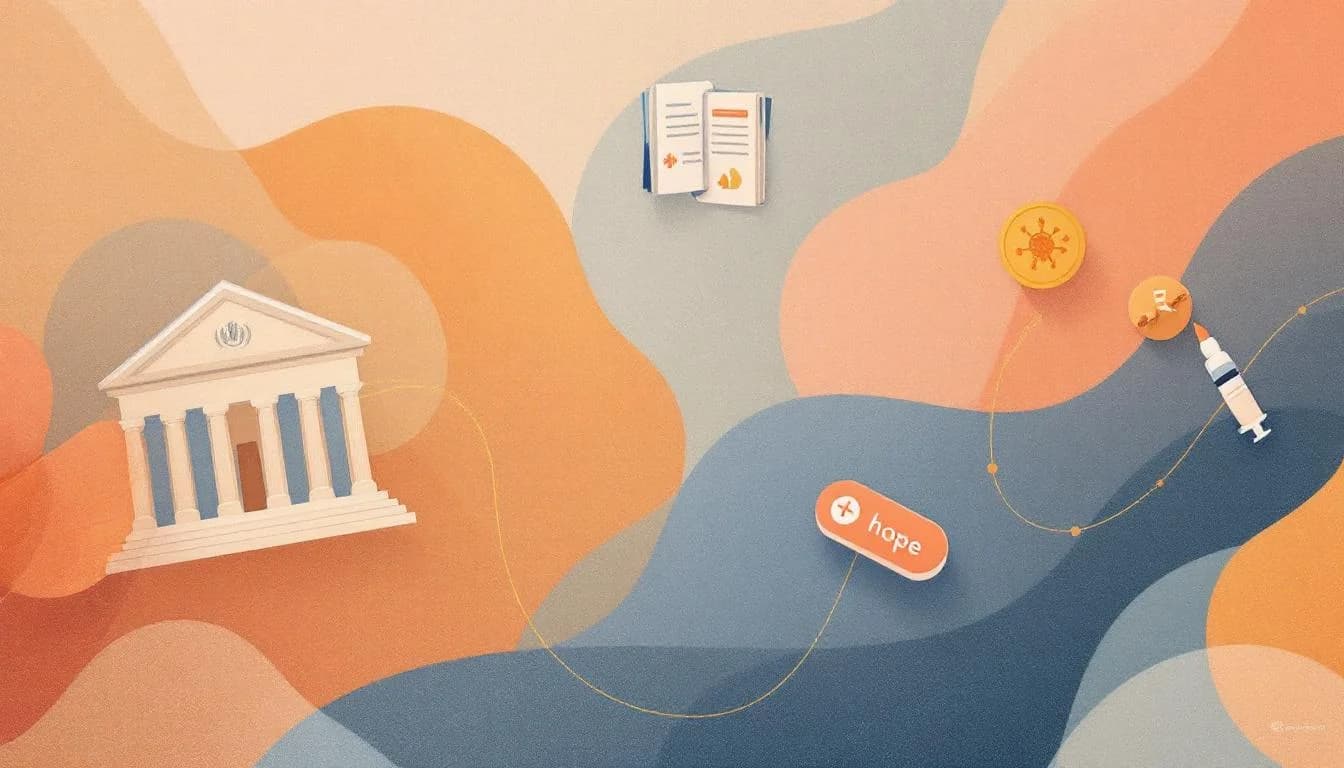 Editorial illustration of global health organization guideline documents with injectable medication symbols and international treatment access pathways