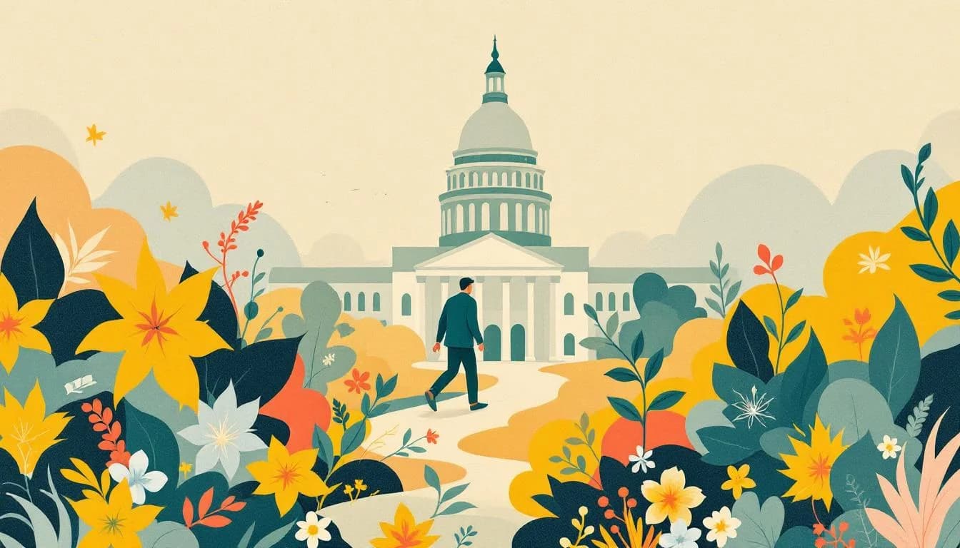 Delaware state capitol building with legislative documents, harm reduction symbols, regulatory framework patterns, kratom leaf silhouettes, consumer protection icons, addiction recovery pathway, policy debate bringing change