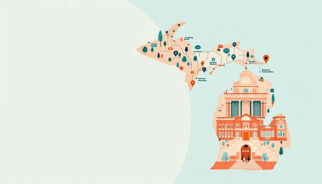 Michigan state map showing funding allocation patterns with government buildings and settlement distribution symbols across counties