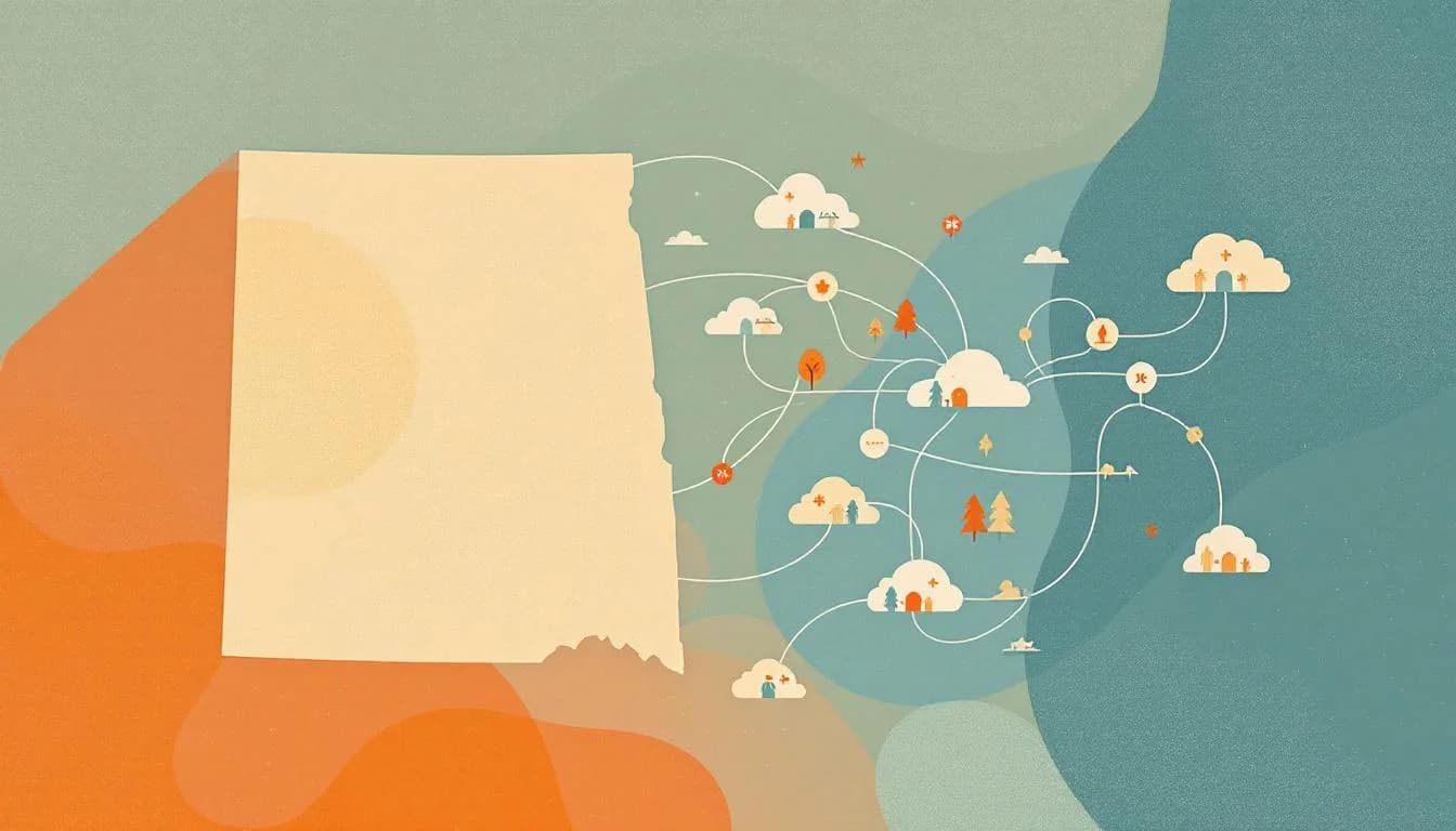 South Dakota state capitol building with legislative documents, funding symbols, and treatment program icons showing opioid settlement allocation process