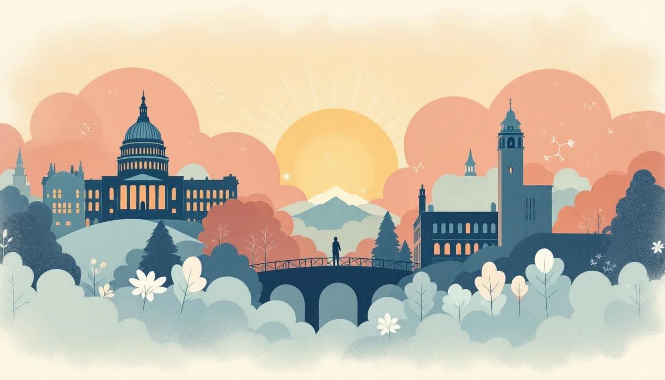 Illustration of state capitol buildings, research facility symbols, and medication pathways representing multi-state psychedelic research coordination