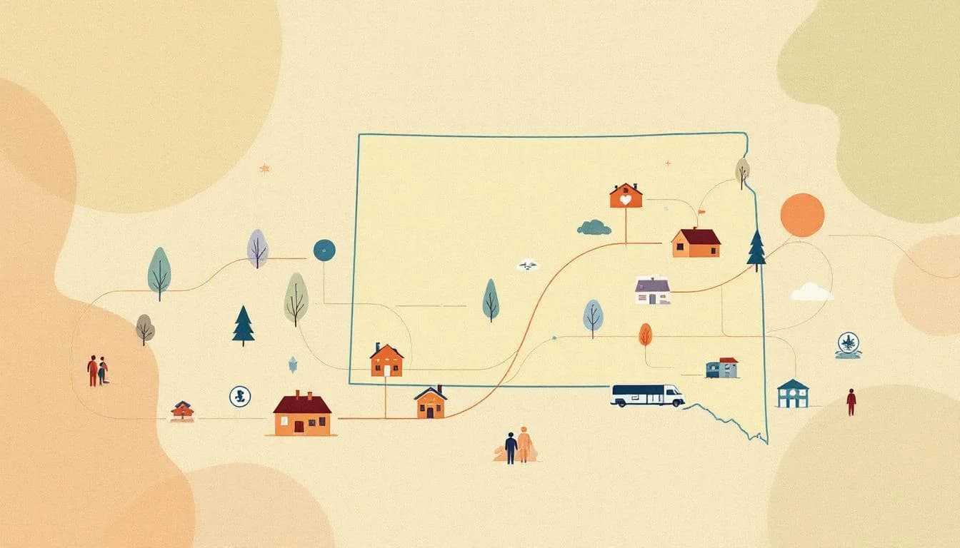 South Dakota state capitol building with adolescent treatment facility symbols, prevention education icons, mobile clinic representation, funding allocation patterns flowing to community organizations, youth recovery pathways