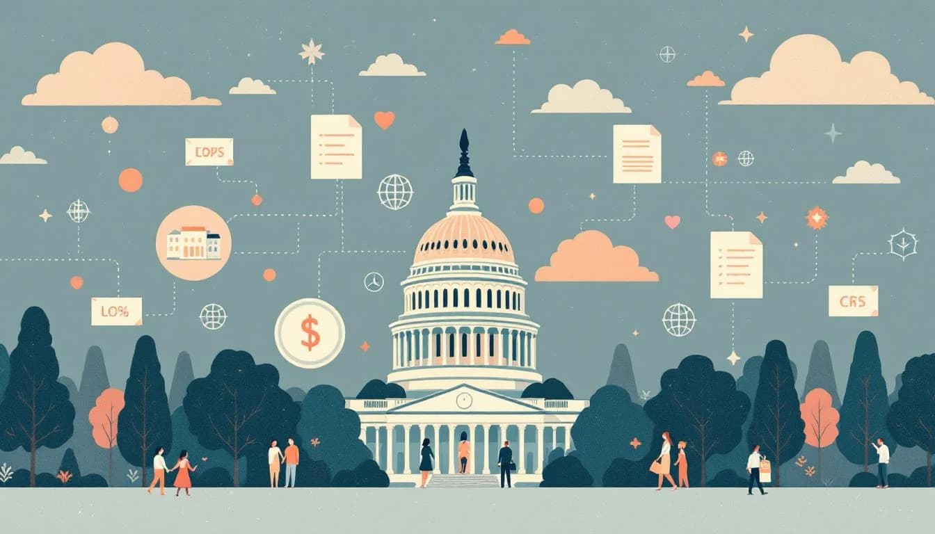 US Capitol building with funding network connecting states, addiction treatment facility symbols, protective coalition elements, legislative documents with appropriations symbols, people accessing treatment services, policy advocacy bringing support