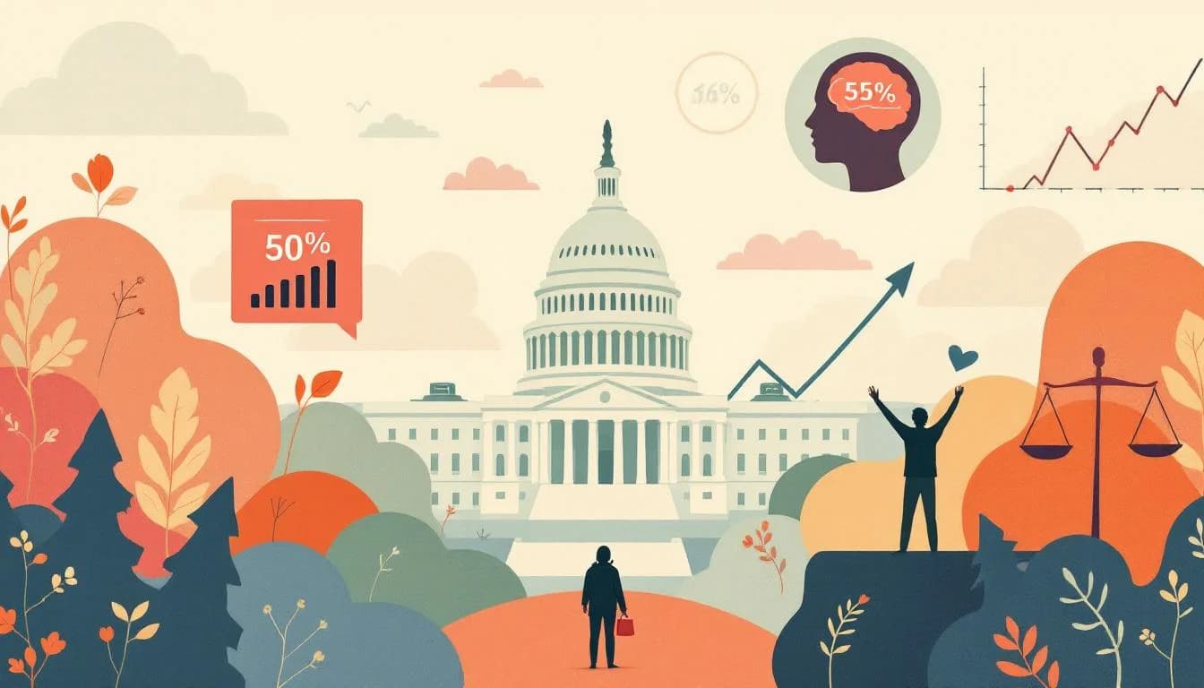 U.S. Capitol building with healthcare spending documents, mental health treatment charts showing upward trends, distressed individuals reaching for help, policy debate symbols