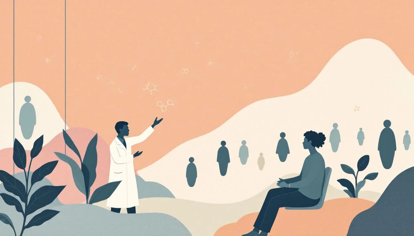 Clinical research setting with DMT molecule structure, treatment response visualization, and person experiencing mental health improvement