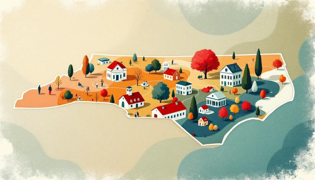 North Carolina state outline with rural communities receiving substance use treatment funding, community health centers, recovery housing facilities, peer support network symbols bringing hope and expanded access