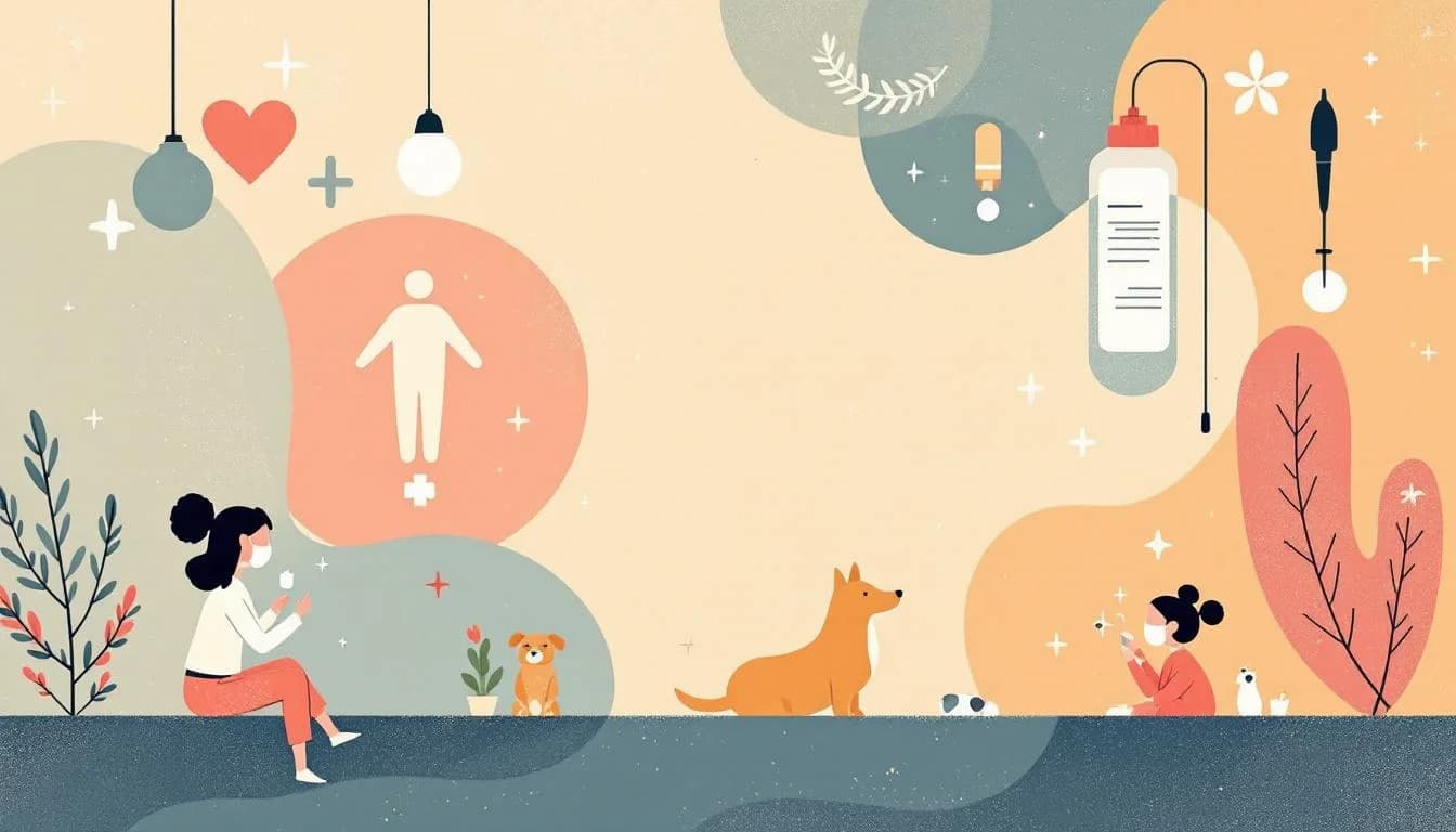 Medical emergency response symbols with warning indicators, veterinary tranquilizer elements, and harm reduction tools in warm editorial illustration style