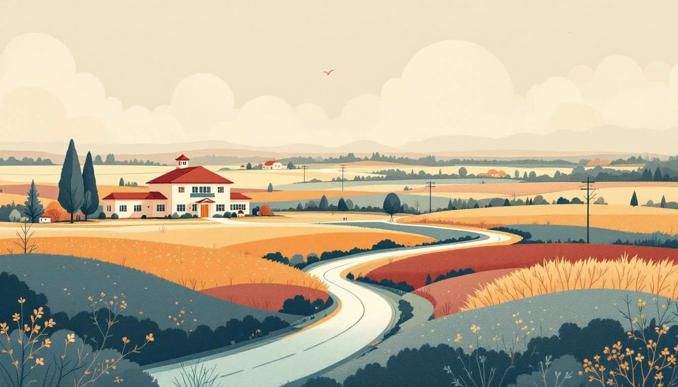 Rural Midwest landscape with community health center and care network connecting small towns, warm editorial illustration