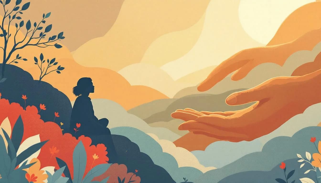 Editorial illustration showing supportive mental health care and healing pathway