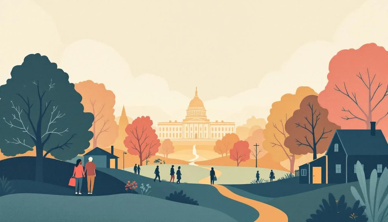 White House government building with integrated care symbols, housing and treatment connection icons, community support network in warm editorial illustration style