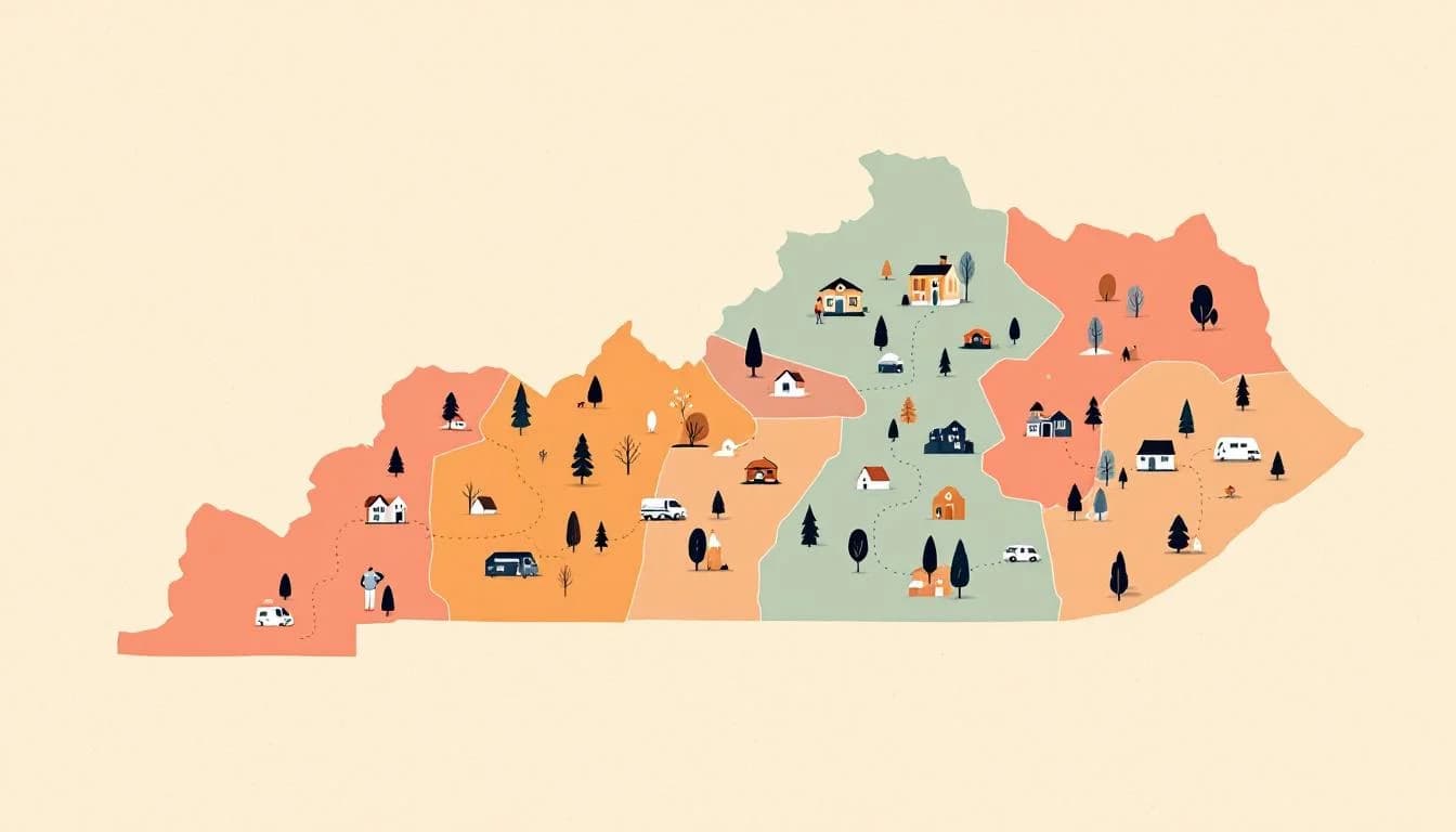 Kentucky rural landscape with interconnected communities and recovery support network, warm editorial illustration