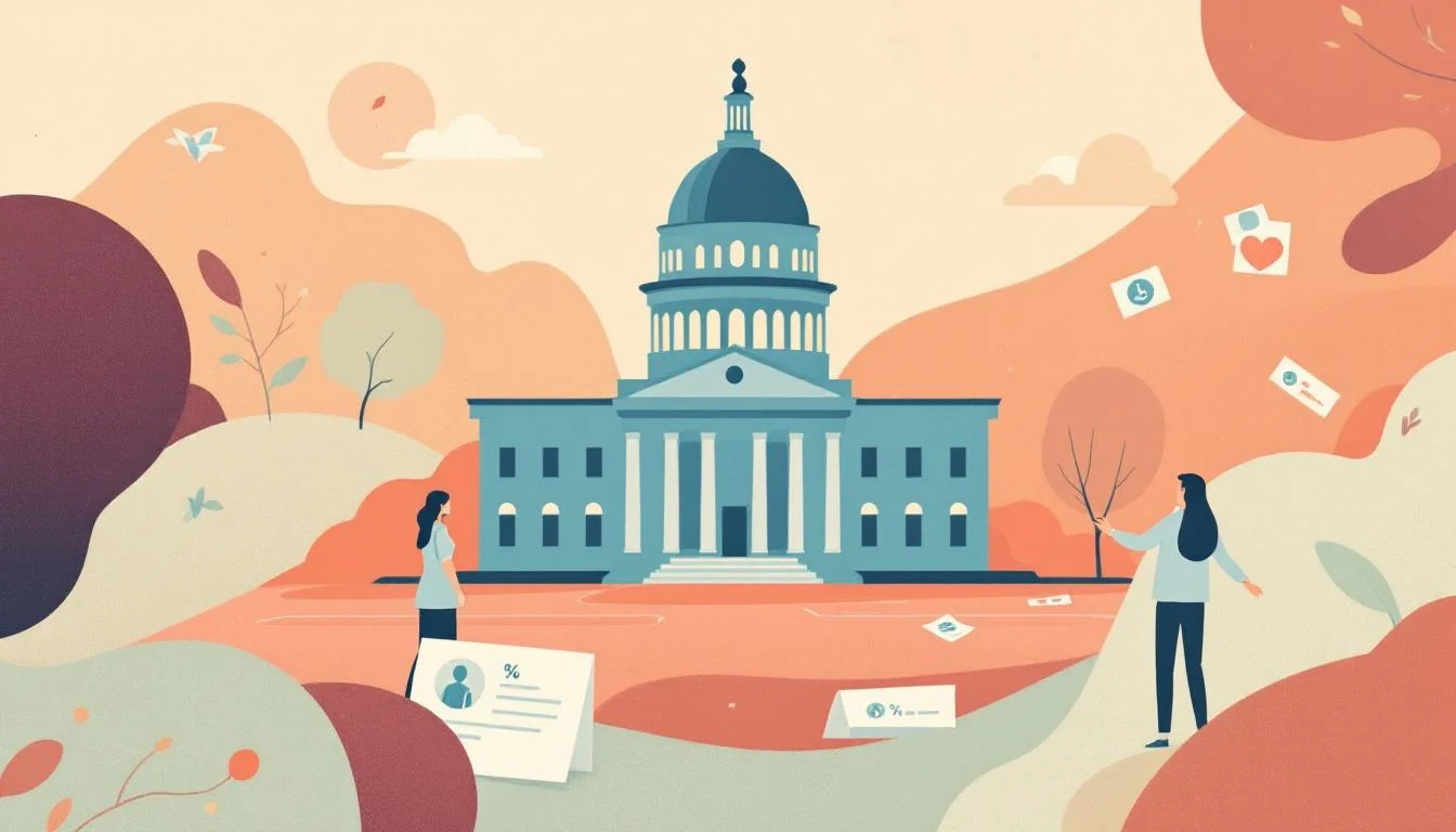 Government budget documents with funding reduction symbols, federal agency consolidation graphics, and healthcare policy icons in warm editorial illustration style