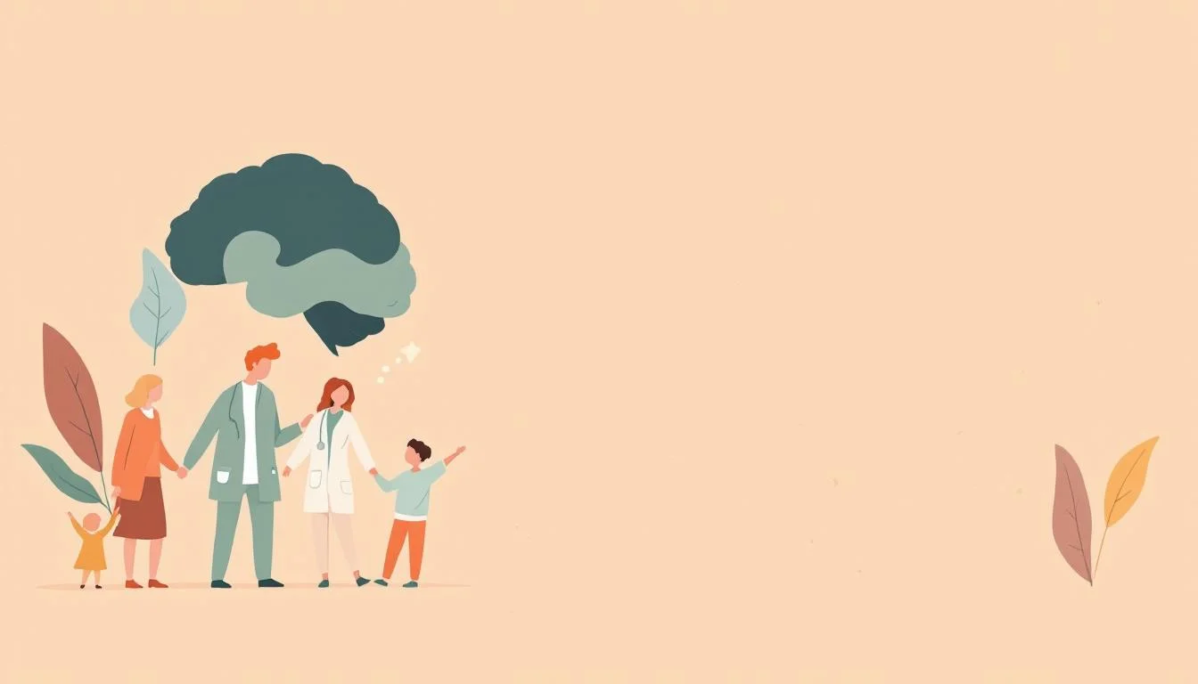 Warm editorial illustration showing adolescent support network with family and clinical care symbols