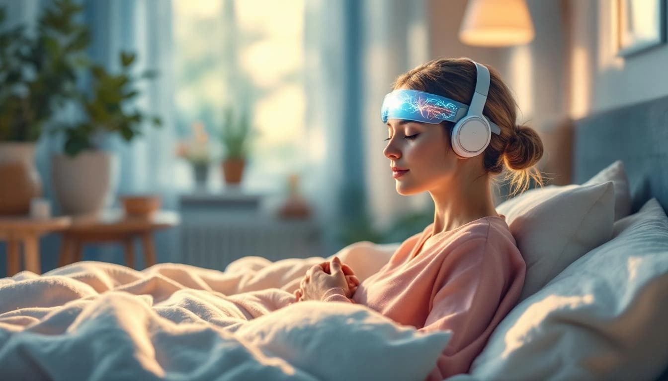 Modern medical device with gentle brain stimulation visualization, hopeful home setting, warm editorial illustration