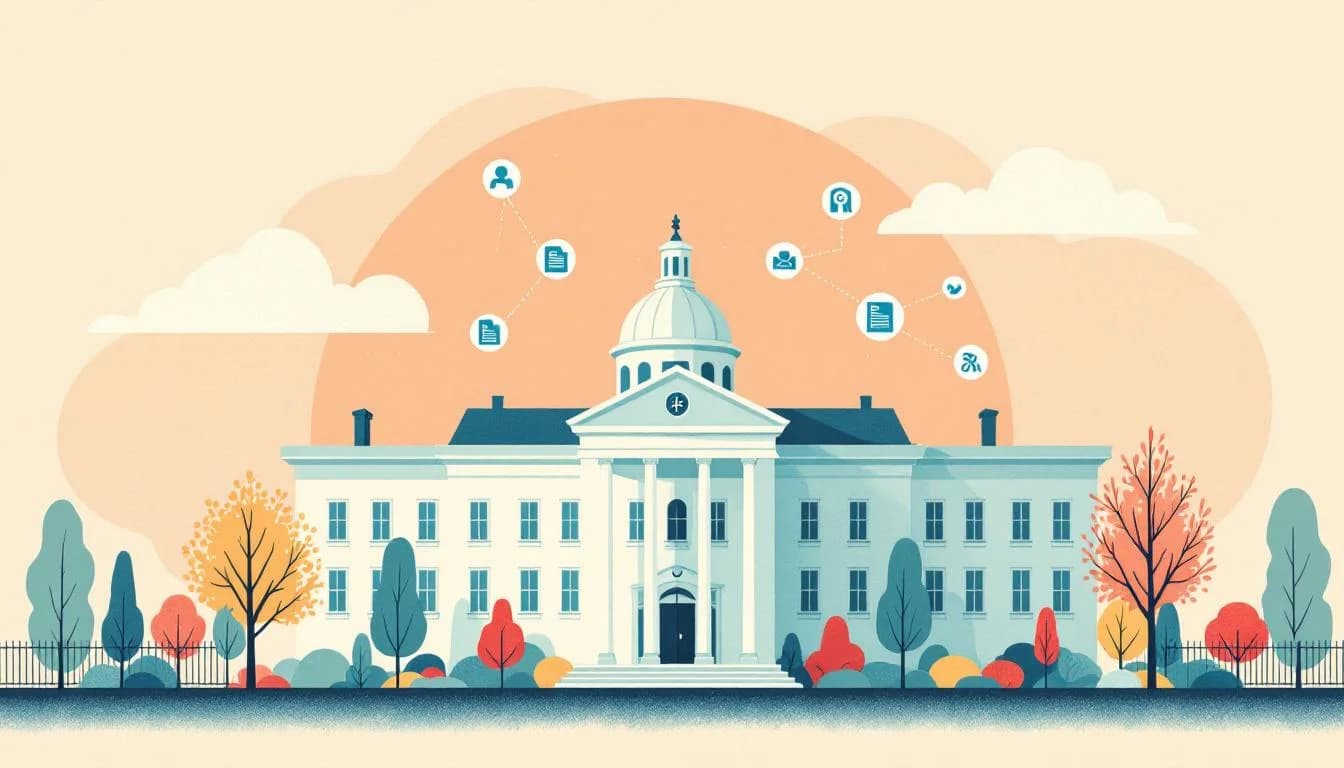 Government building with funding network symbols and document icons representing federal grant programs