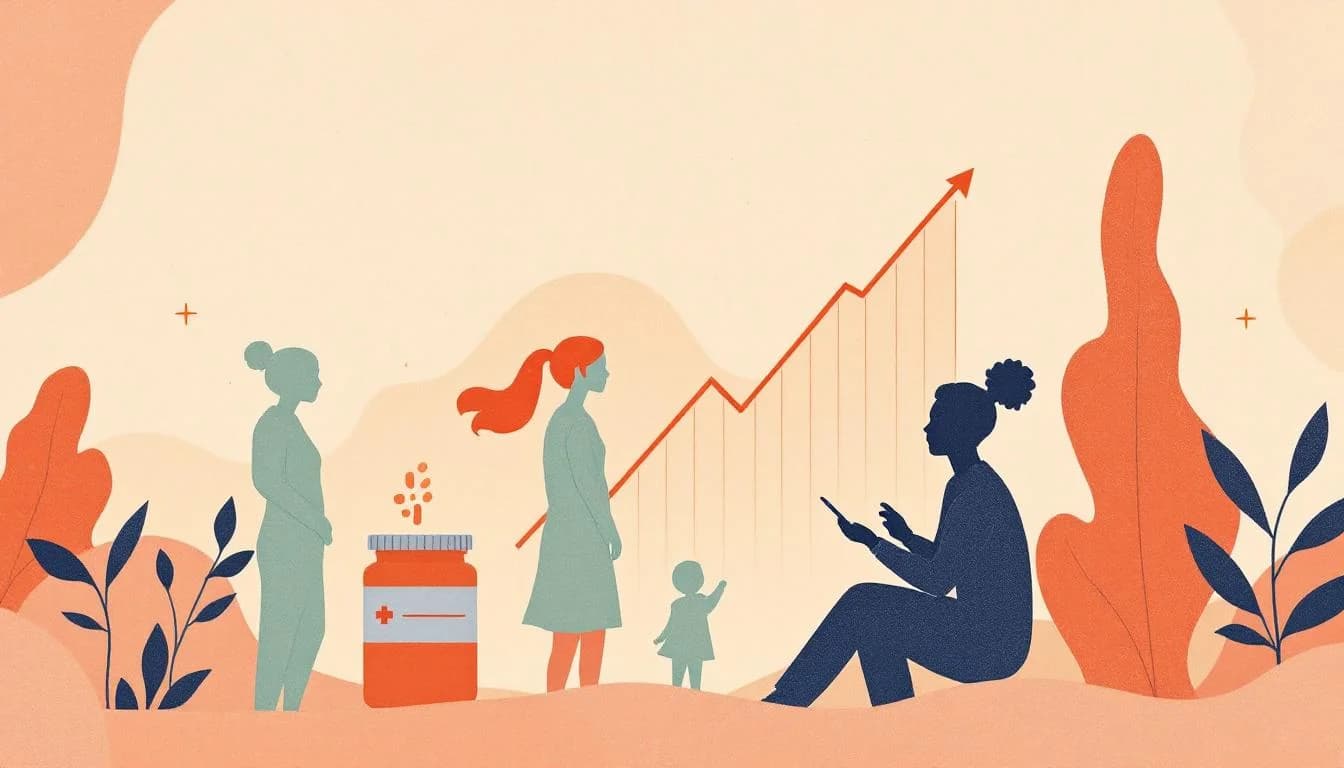 Medical chart showing declining trend lines with medication symbols and patient care silhouettes