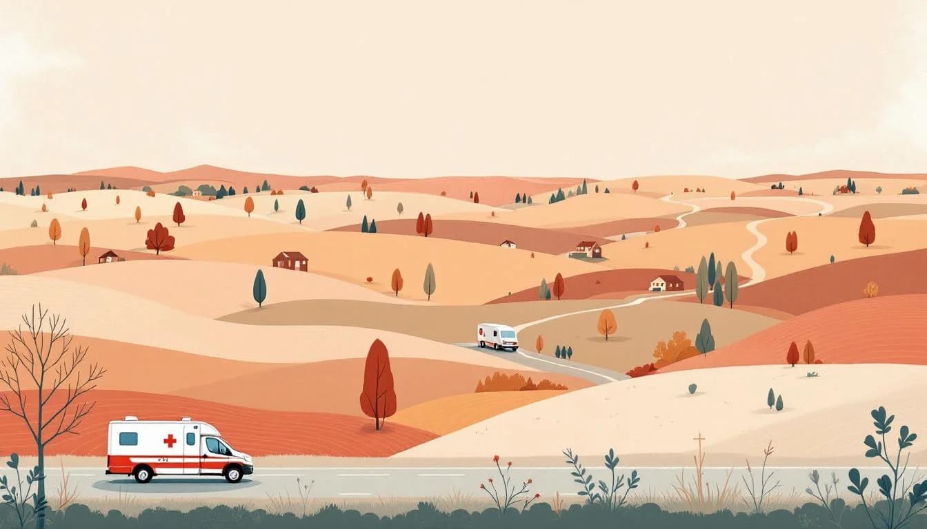 South Dakota rural landscape with mobile health clinic and community recovery network symbols