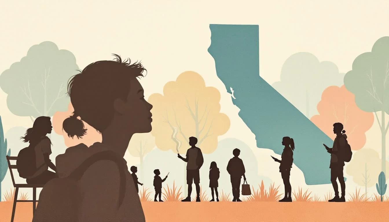 California state map with youth silhouettes and tobacco policy symbols, warm editorial illustration