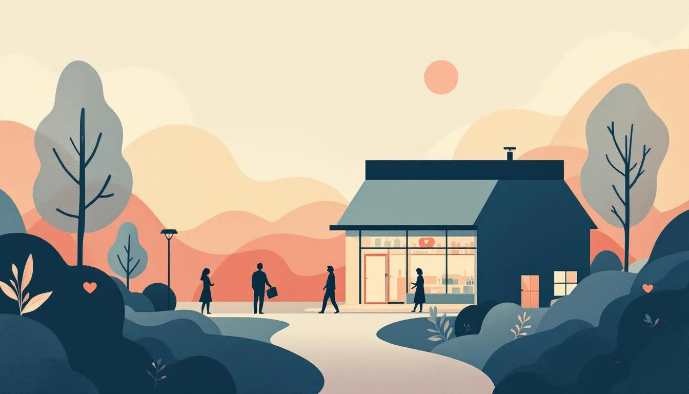 Pharmacy building with barriers and treatment access symbols, warm editorial illustration showing medication access challenges