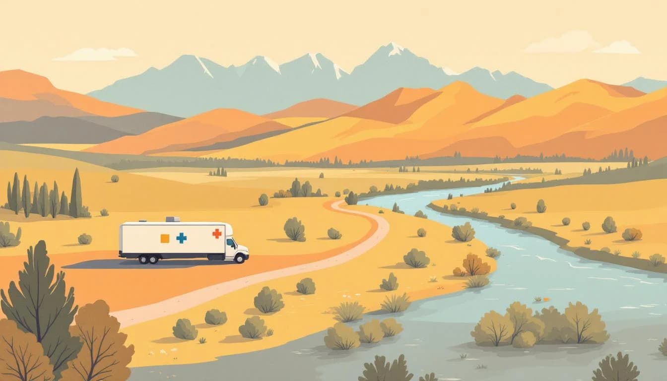 Colorado San Luis Valley rural landscape with Rio Grande river, mobile treatment clinic symbols, and community recovery support network