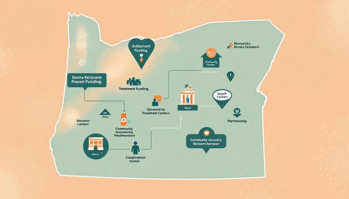 Oregon state map with pharmacy symbols, settlement funding flowing to treatment centers, and community recovery support network