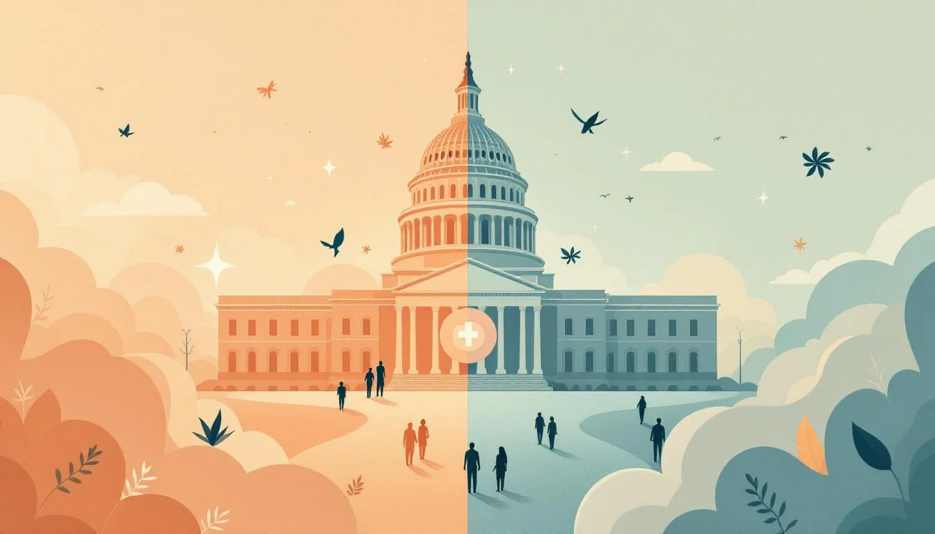 Louisiana state capitol building with psychedelic therapy research symbols, medical laboratory setting, and veteran recovery pathway visualization