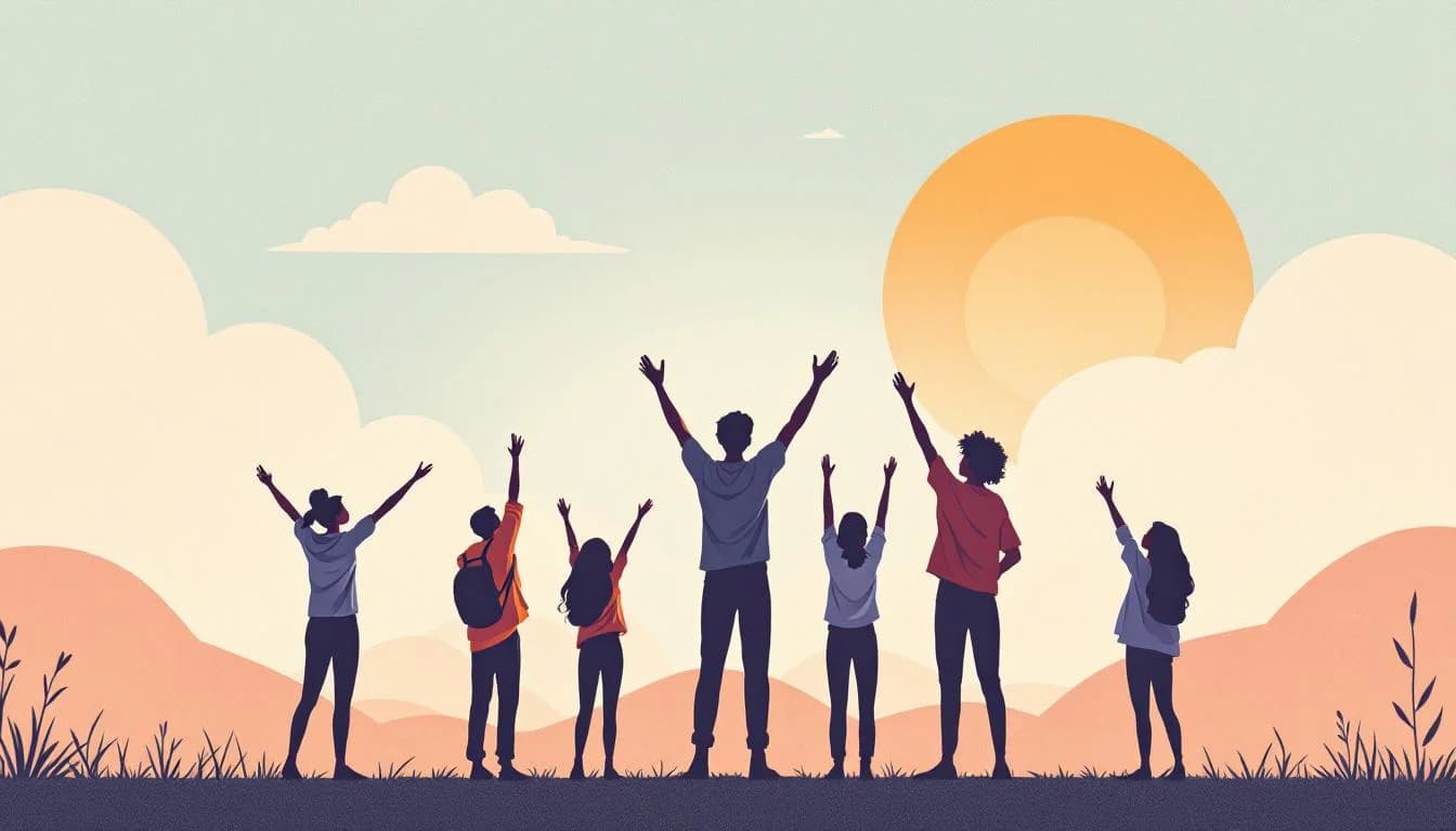 Young people silhouettes with hopeful sunrise, declining trend chart symbols, supportive community network