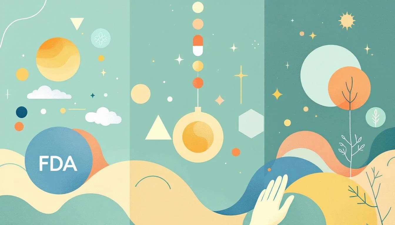 Editorial illustration showing pharmaceutical research symbols, FDA approval stamps, and psychedelic therapy concepts in warm muted tones