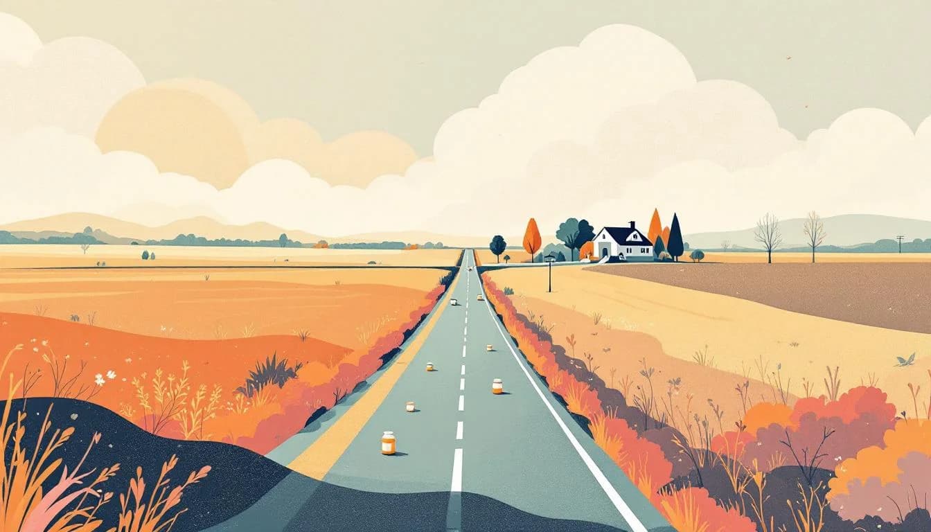 Rural Wisconsin road stretching to horizon with treatment symbols, representing the daily journey methadone patients must make