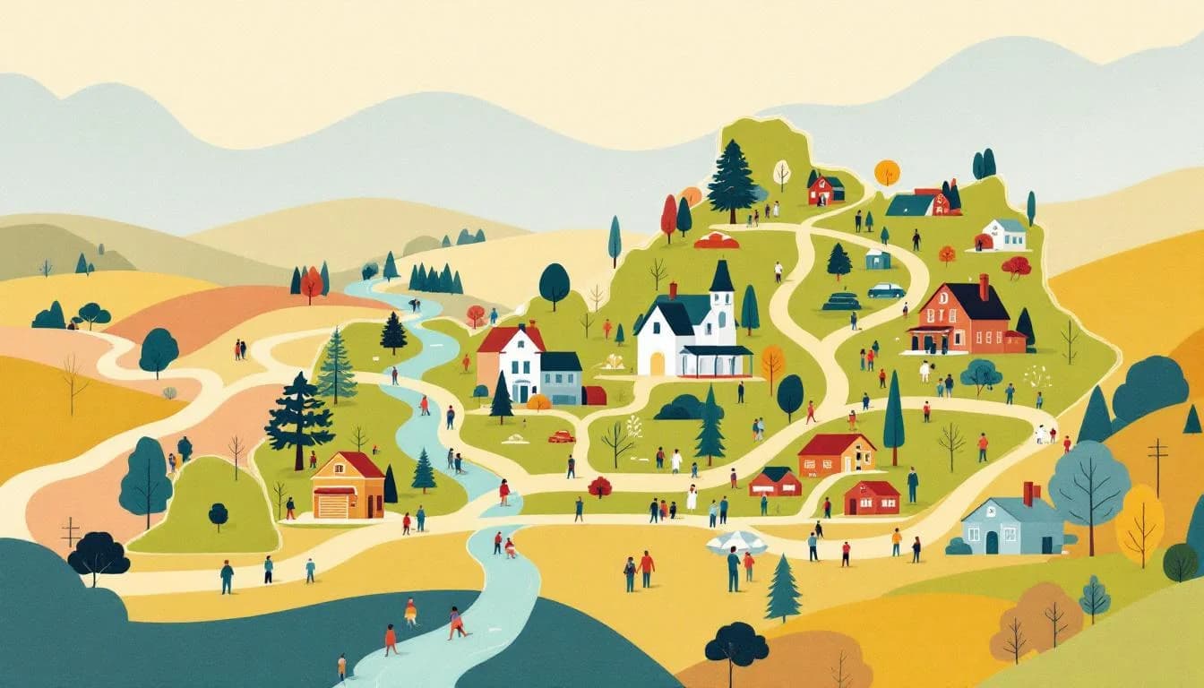 Warm editorial illustration showing Kentucky communities connected by support networks, with Appalachian landscapes and symbols of recovery and healing