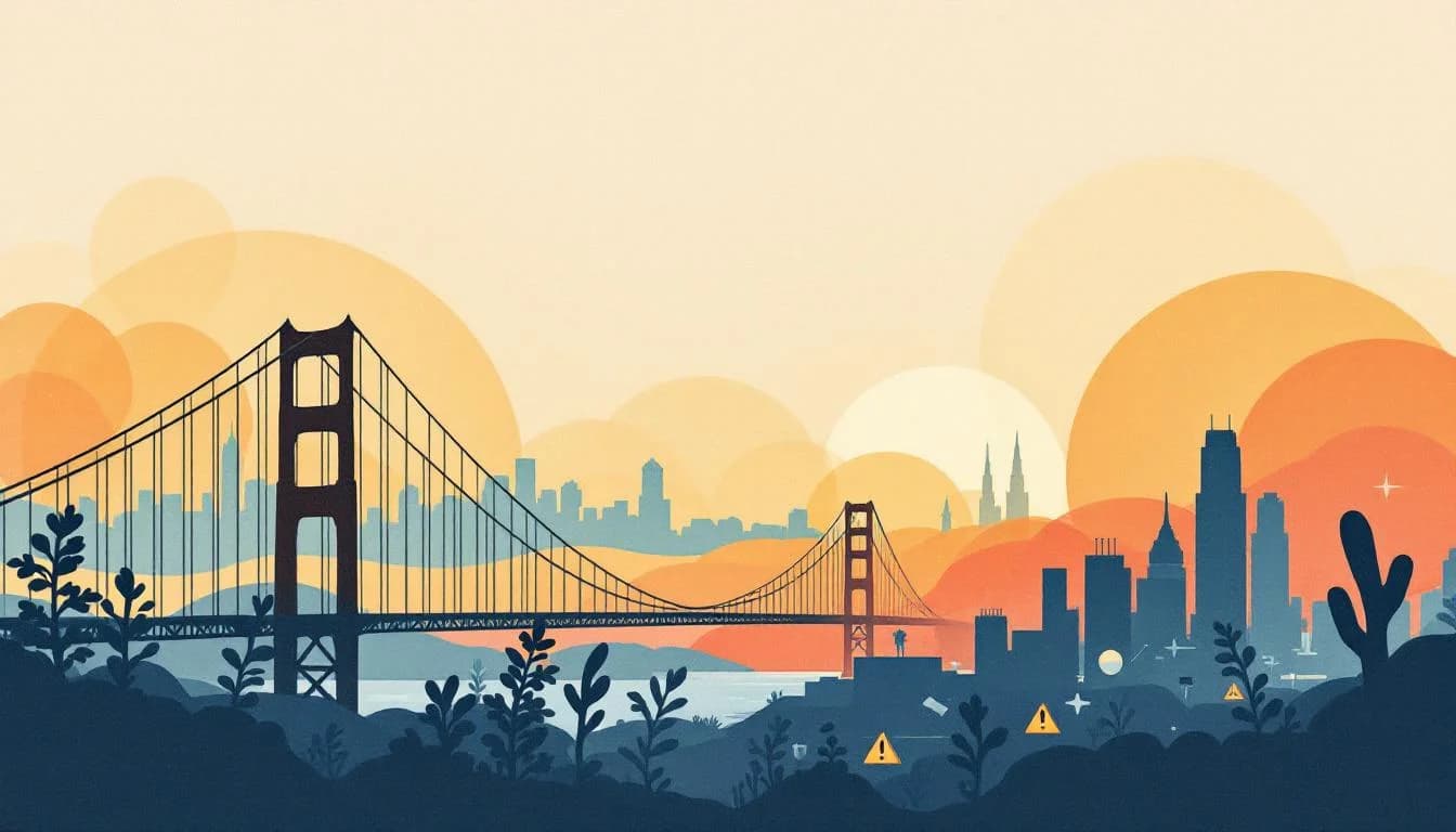 San Francisco cityscape with warning symbols about synthetic opioid dangers, public health alert visualization