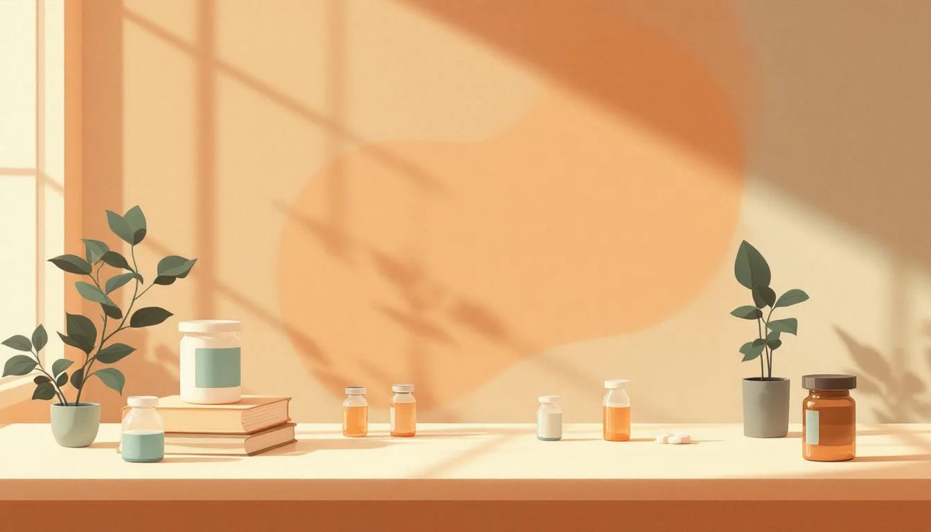 Medical research laboratory with extended-release medication symbols and patient recovery pathway illustration