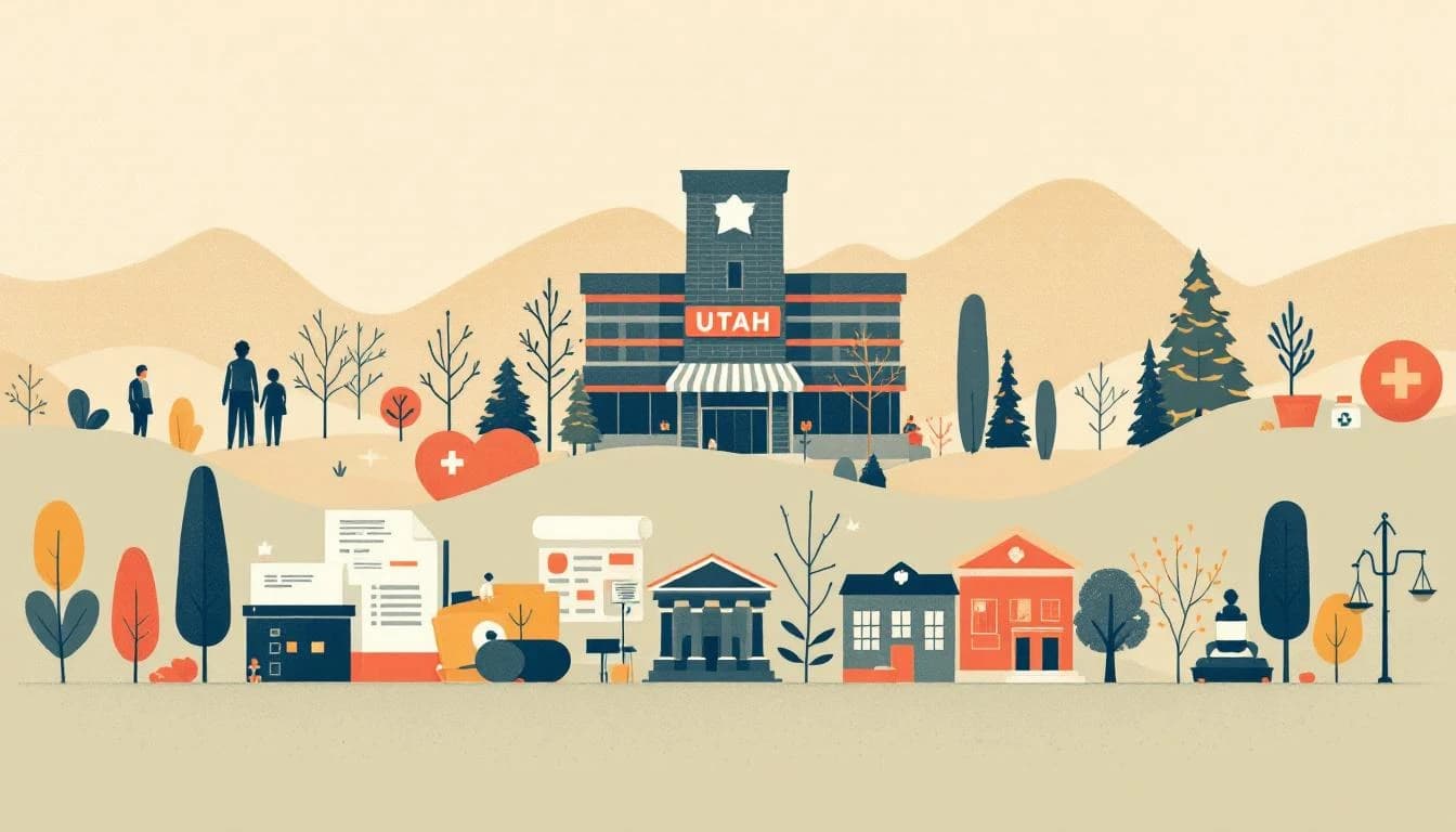 Editorial illustration showing Utah state outline, pharmacy symbols, opioid settlement documents, and community recovery support imagery in warm muted tones