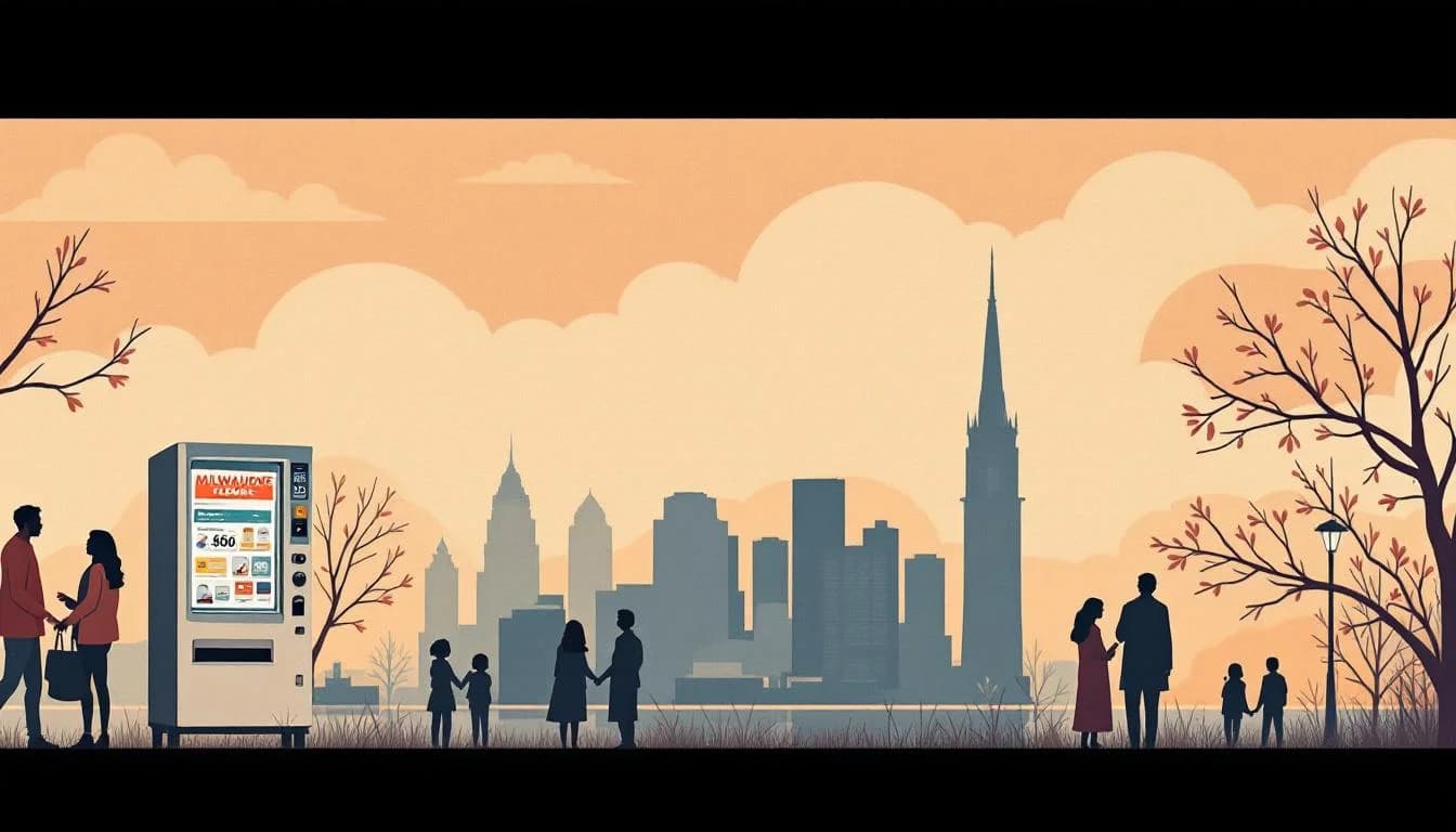 Milwaukee skyline with harm reduction and recovery symbols, warm editorial illustration