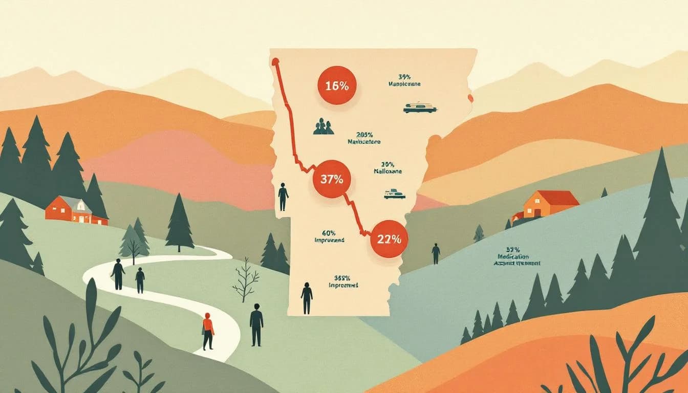 Vermont state map with declining trend visualization, rural landscape with community health symbols, hopeful recovery imagery