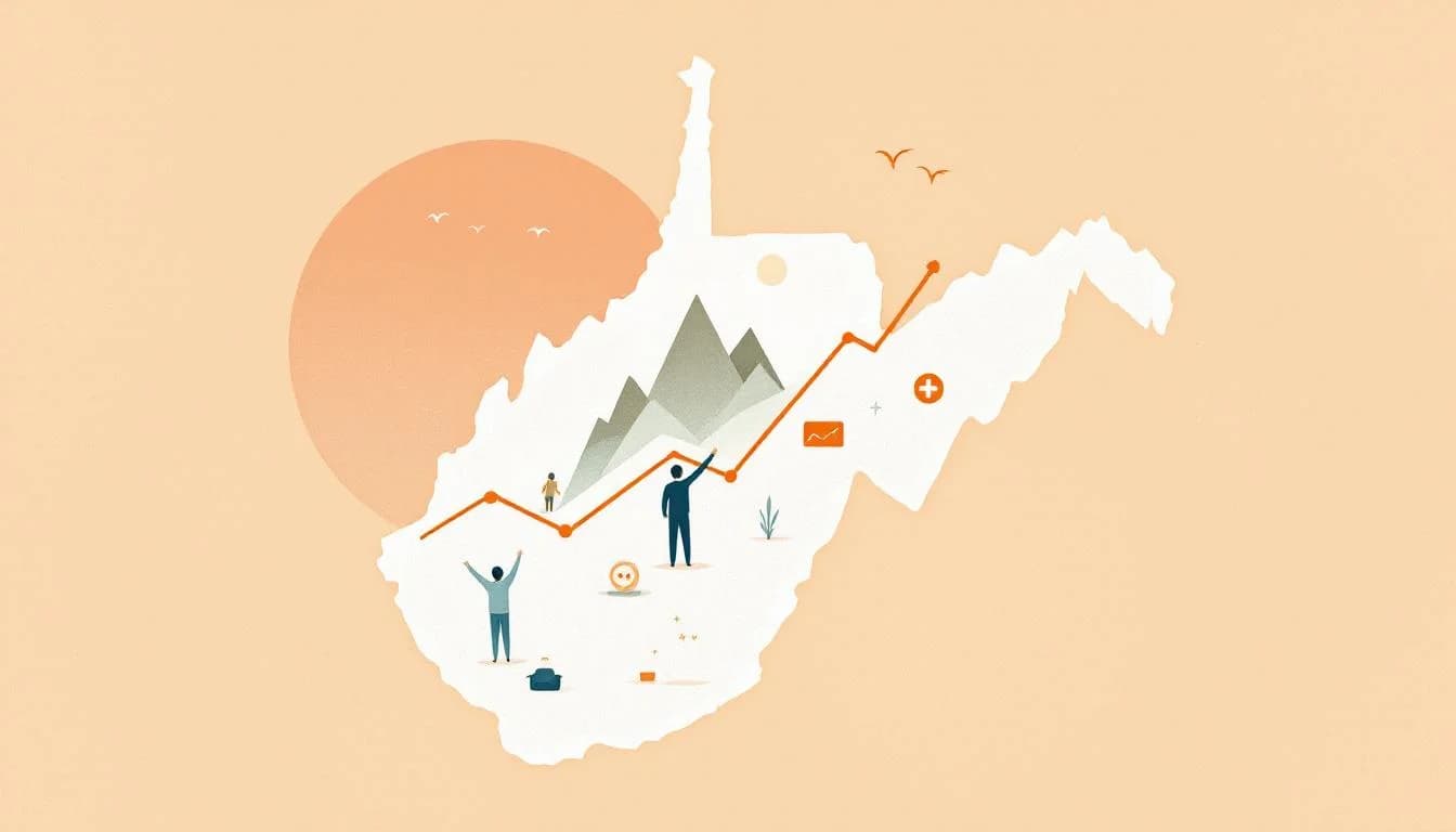 West Virginia state outline with declining trend lines, Appalachian mountains, and symbols of recovery and hope